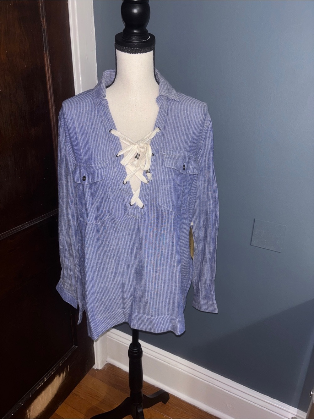NWT Blue Striped Lace-Up Top